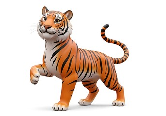 Fototapeta premium Cartoon tiger standing on a white background, a friendly and playful animal.