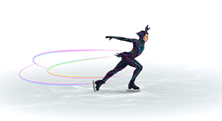 Dynamic illustration of a graceful figure skater in a colorful costume performing on ice, with vibrant light trails capturing speed and artistic motion