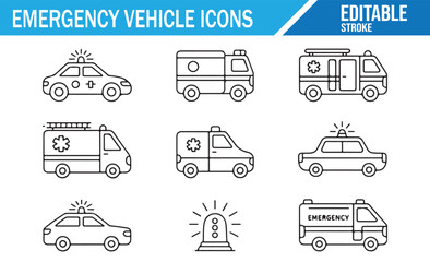 Vector icons of emergency vehicles including ambulances, police cars, and fire trucks for safety and rescue designs.