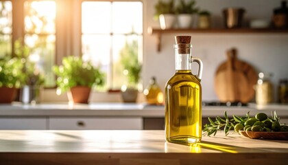 A pristine glass bottle of olive oil, resting on a sunlit wooden countertop with blurred kitchen in the background, creating a warm and inviting atmosphere.