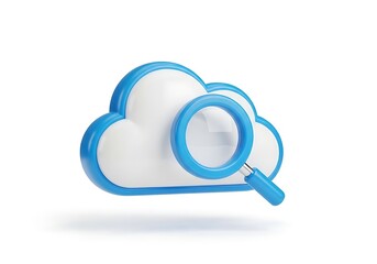3D rendering of a white cloud icon with a blue border and a blue magnifying glass, symbolizing cloud search or data analysis.