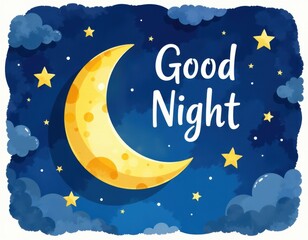Good Night Moon and Stars Illustration with Dreamy Night Sky