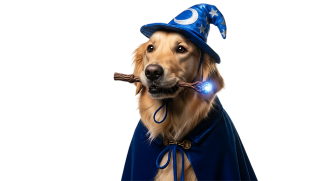Golden retriever dog wearing wizard costume isolated on transparent background