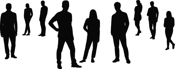 Silhouettes of diverse people standing in various poses, black figures on white background, minimalist vector design for business and creative projects