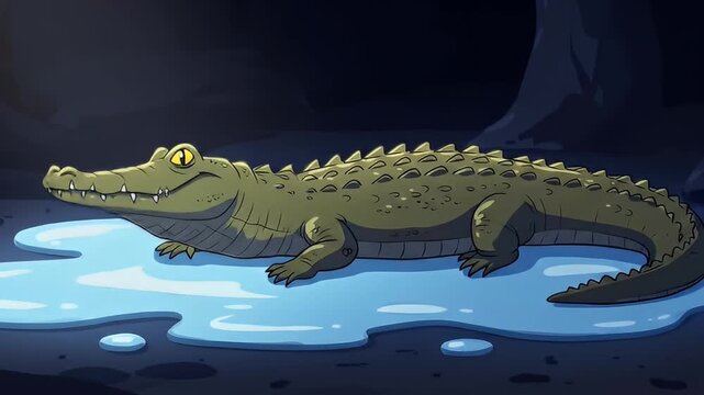 Cartoon crocodile resting in a puddle, set against a dark cave background illustration