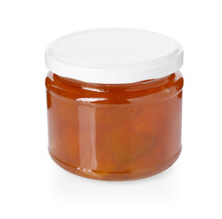 Tasty apricot jam in jar isolated on white