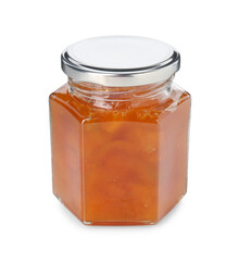 Tasty apricot jam in jar isolated on white