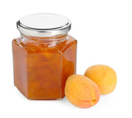 Tasty apricot jam in jar and fresh fruits isolated on white