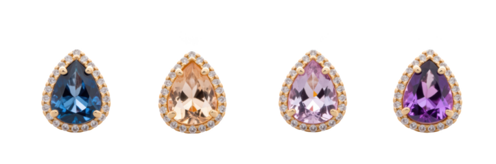 Elegant gemstone earrings featuring variety of colors including blue, peach, purple, and lavender, surrounded by sparkling accents