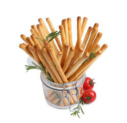 Delicious grissini sticks with rosemary and fresh tomatoes isolated on white
