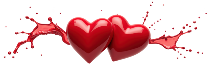 Two glossy red hearts with splash of red liquid, symbolizing love and passion. This vibrant image evokes feelings of romance and joy