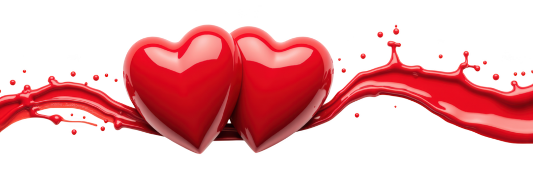 Shiny red hearts with splash of red liquid create vibrant and romantic visual. Perfect for expressing love and affection