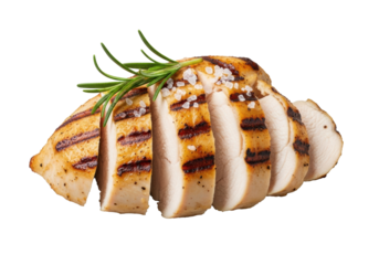 Gourmet grilled chicken breast, golden-brown, fanned slices revealing succulent white meat, char marks, rosemary, sea salt on transparent studio background, soft light, shallow DOF, appetizing gourmet