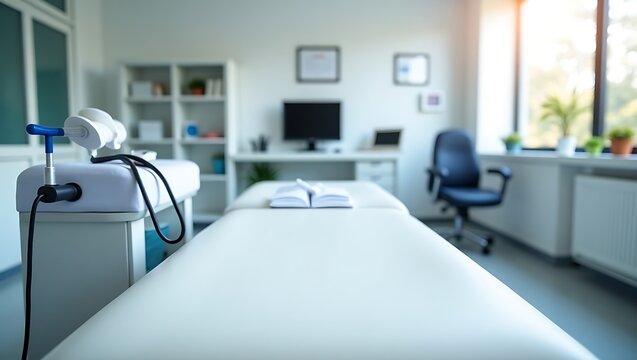 Physical therapy clinic interior with examination table and medical equipment for rehabilitation center