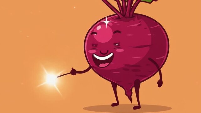 Cartoon beetroot with a cute face holds a wand on an orange background