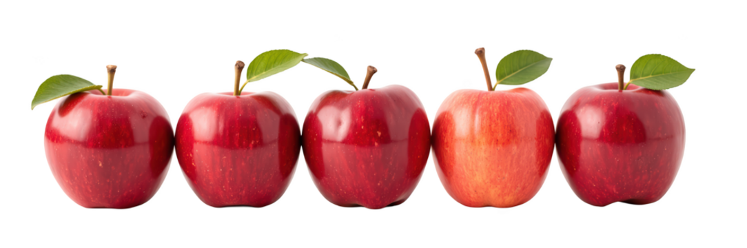 Fresh red apples lined up, showcasing vibrant colors and green leaves, perfect for healthy eating or cooking