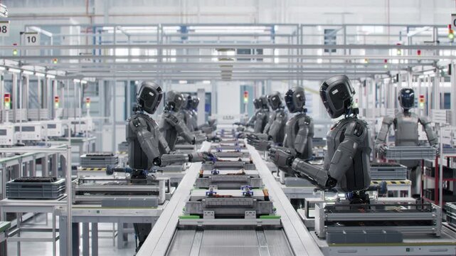 3D Animation: Autonomous AI-Powered Humanoid Robots Work at Factory on Assembly Line. Industrial Automation AI Accelerated: Advanced Robot Working on Complex Detail in Industrial Environment.