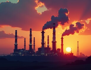 Industrial Pollution at Sunset Factory Smokestacks Emitting Smoke