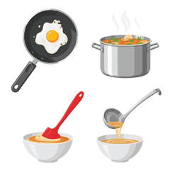 Cooking Vector Set: Eggs, Soup, Spatula, Ladle - Meal Preparation Graphics for Food Blog Restaurant Design, Cooking Process illustration