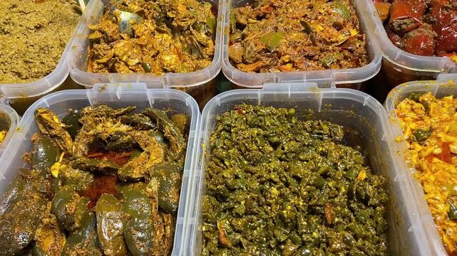 Indian famous spices and chutney like chilly, garlic, mango, gourd sold in a local market in India