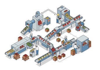 Fototapeta premium A fruit processing plant with workers conveyor belts automated machines sortspackages produce