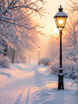 Glowing lamp post on a snowy path during a winter sunset