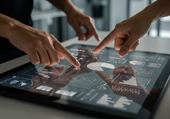 Two people pointing at a digital tablet displaying graphs, charts, and data visualizations, suggesting collaboration and analysis.
