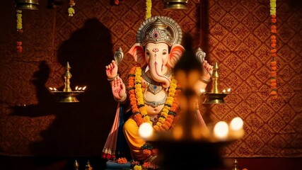 Vibrant Ganesha statue adorned with marigold garlands and lit lamps, creating a serene and spiritual atmosphere for religious ceremonies.