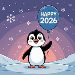 penguin holding a balloon with Happy 2026 message in the winter landscape