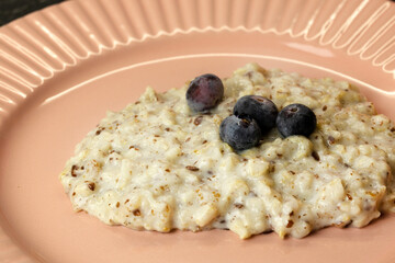 A bowl of oatmeal topped with fresh blueberries.