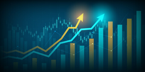 technology financial graph with uptrend line arrow and bar chart of stock market on blue color background