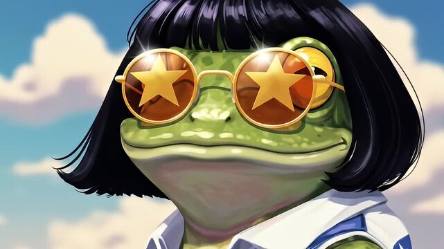 Cartoon frog with dark bob haircut wearing star sunglasses and an American flag shirt