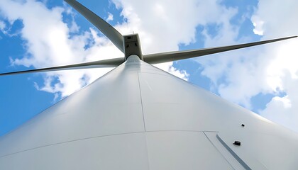 Close-up view of a wind turbine's structure against a partly cloudy sky.