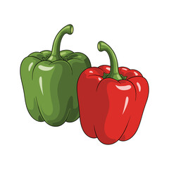 Green and red peppers on a white background