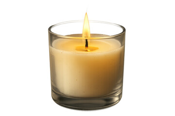 Lit candle in a clear glass votive holder, isolated on transparent background.