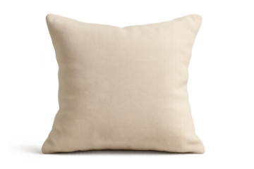 Beige square throw pillow isolated on transparent background, soft and comfortable