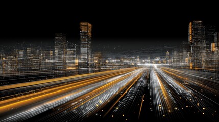 Obraz premium Dynamic Cityscape at Night with Light Trails and Digital Architecture