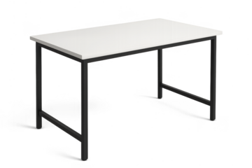 Modern white desk with black metal frame, isolated on transparent background