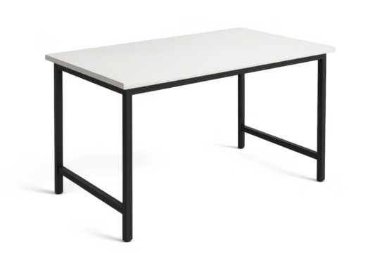 Modern white desk with black metal frame, isolated on transparent background