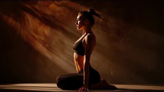 A woman in a yoga pose, performing the cobra asana on the floor against a wall, with cinematic lighting and a dark background.