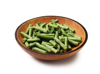 Pieces of fresh pea pods in bowl isolated on white