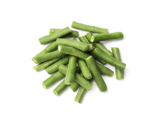 Pieces of fresh pea pods isolated on white, top view