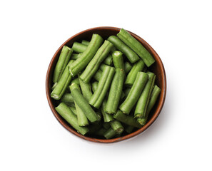 Pieces of fresh pea pods in bowl isolated on white, top view