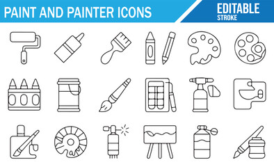 Paint and painter tools icon set in editable vector format, featuring brushes, crayons, and paint cans.
