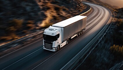 White truck on winding mountain road at sunset