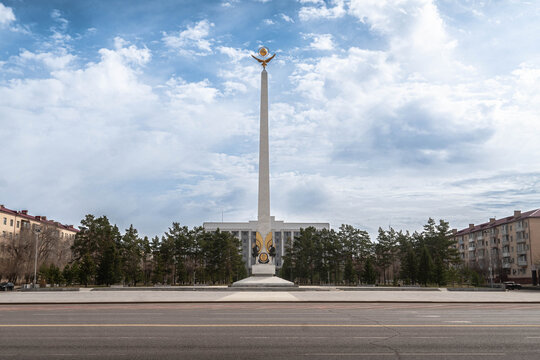 Karaganda city with Independence Monument, a national symbol, stands tall on a spacious plaza in central Kazakhstan.
