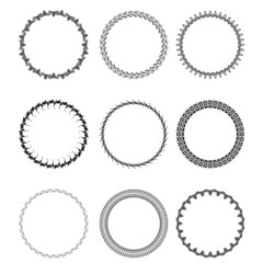 Set of 9 black round vintage vector frames on a white background.