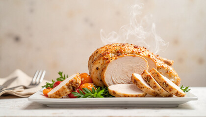 Sliced roast turkey breast with herbs and vegetables on platter  