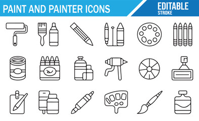 Set of paint and painter icons featuring brushes, crayons, and palettes in simple line style.