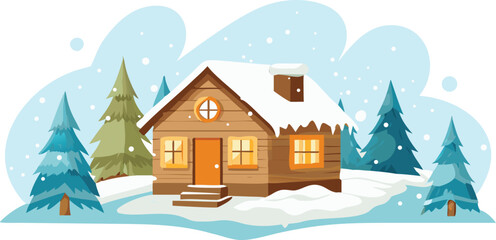A cozy winter house surrounded by snow-covered trees on a serene snowy day.